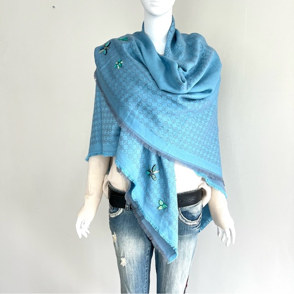 HENRI BENDEL Monogram Sequins 100% Silk Turquoise Blue X Long Wrap Shawl Scarf - Picture 2 of 15
